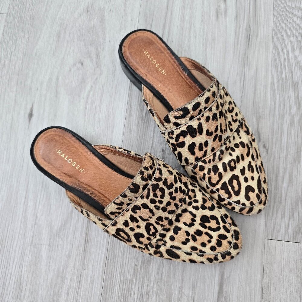 Halogen | leopard calf hair maximalist slip-on mules flats shoes | WMS 7